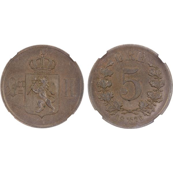 NORWAY: Oscar II, 1872-1905, AE 5 øre, 1876, NGC MS62 BN