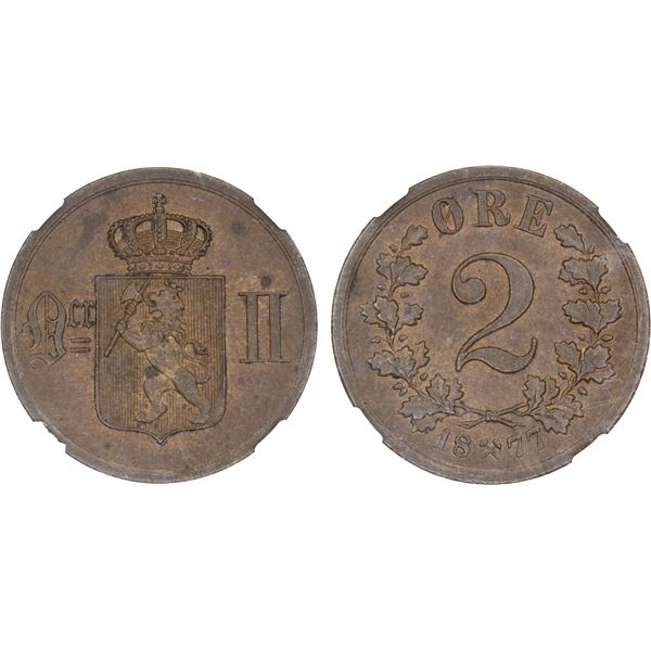 NORWAY: Oscar II, 1872-1905, AE 2 ore, 1877, NGC MS63 BN