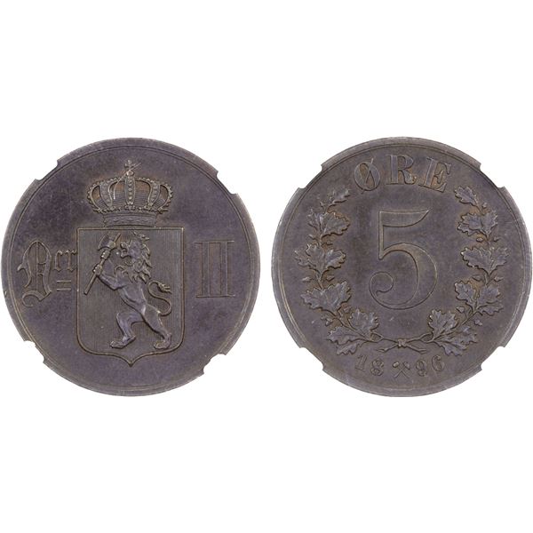 NORWAY: Oscar II, 1872-1905, AE 5 øre, 1896, NGC AU58 BN