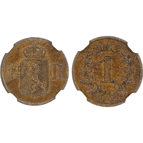 NORWAY: Oscar II, 1872-1905, AE øre, 1902, NGC MS64 BN