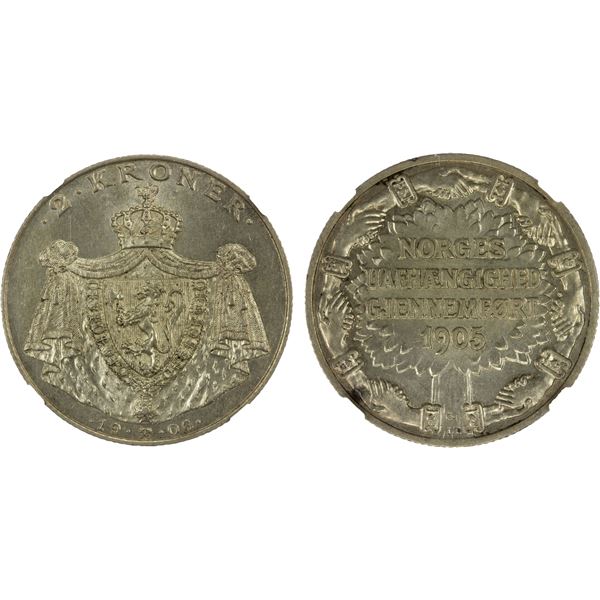 NORWAY: Haakon VII, 1905-1957, AR 2 kroner, 1906, NGC MS62