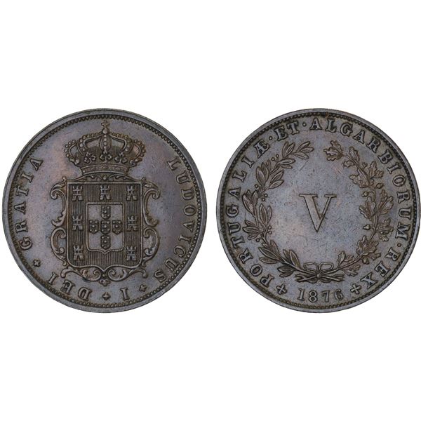 PORTUGAL: Luiz I, 1861-1889, AE 5 reis, 1876, AU