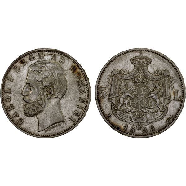ROMANIA: Carol I, as King, 1881-1914, AR 5 lei, 1883, XF