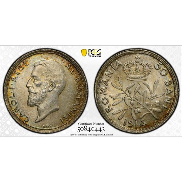 ROMANIA: Carol I, 1881-1914, AR 50 bani, Brussels, 1914, PCGS MS64