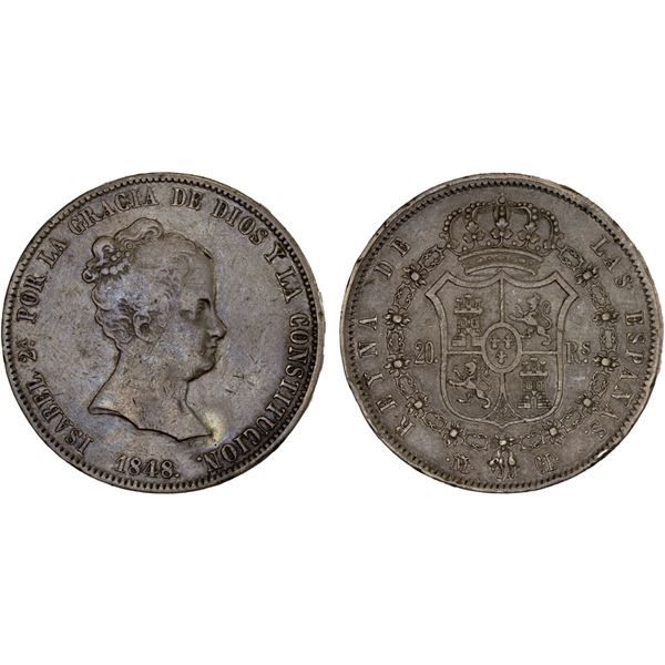 SPAIN: Isabel II, 1833-1868, AR 20 reales, 1848-M, VF