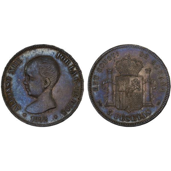 SPAIN: Alfonso XIII, 1886-1931, AR 5 pesetas, 1892(92), XF-AU