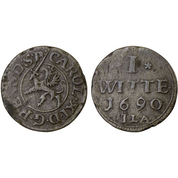 SWEDEN: Pomerania: Karl XI, 1660-1697, AR witten (1/192 thaler), 1690, VF