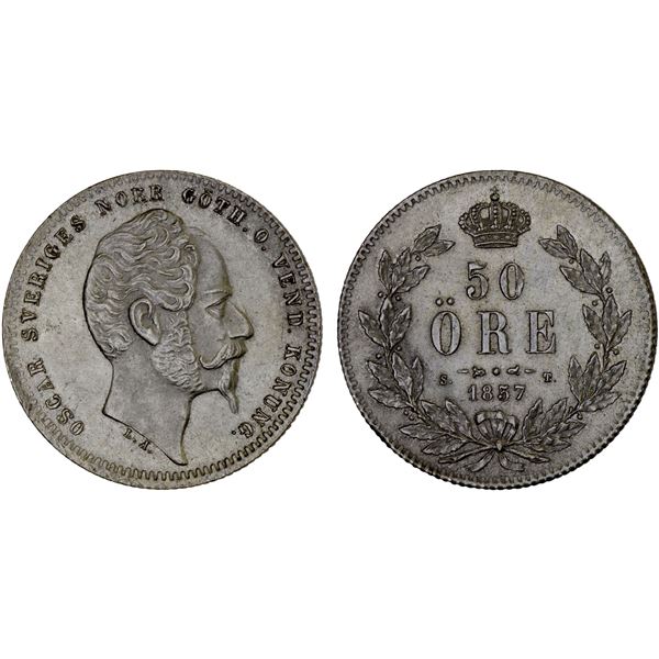 SWEDEN: Oscar I, 1844-1859, AR 50 öre, 1857, AU