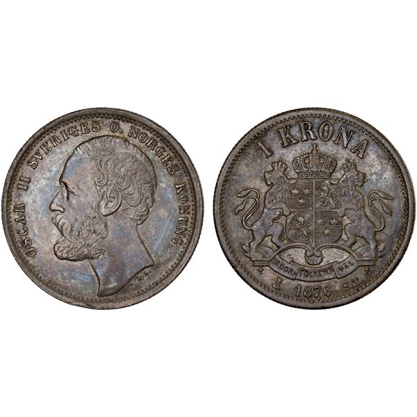 SWEDEN: Oscar II, 1872-1907, AR krona, 1876, XF