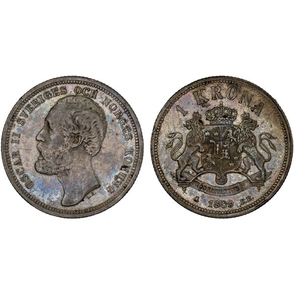 SWEDEN: Oscar II, 1872-1907, AR krona, 1889, XF