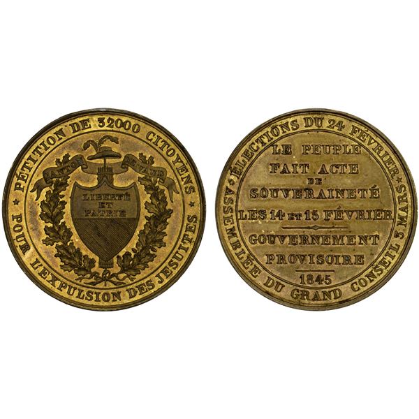 SWITZERLAND: VAUD: Canton, brass medal (12.15g), 1845, Brilliant Unc