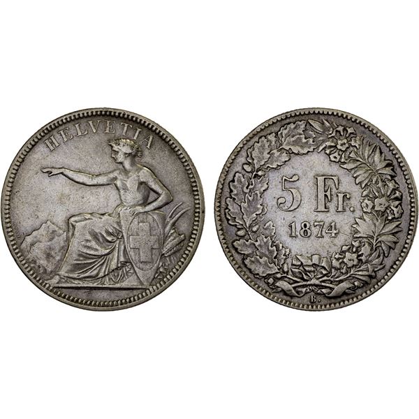 SWITZERLAND: Confederation, AR 5 francs, Brussels, 1874-B., Fine