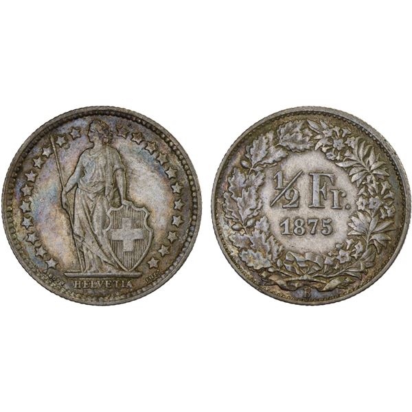 SWITZERLAND: Confederation, AR 1/2 franc, 1875-B, XF