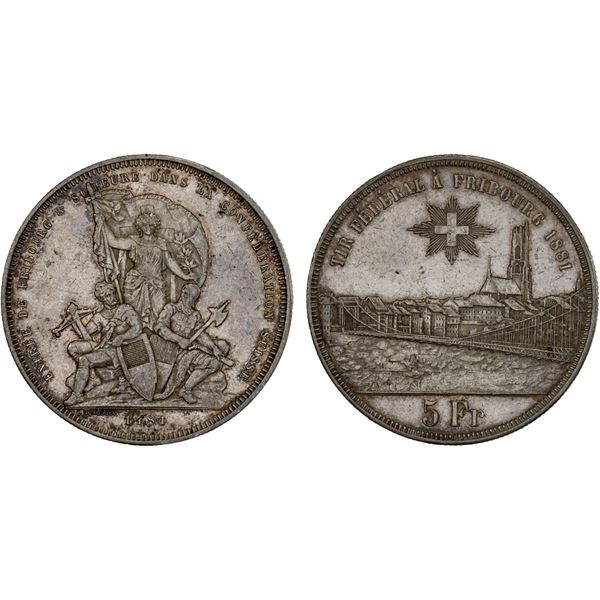 SWITZERLAND: Confederation, AR 5 francs, 1881, XF