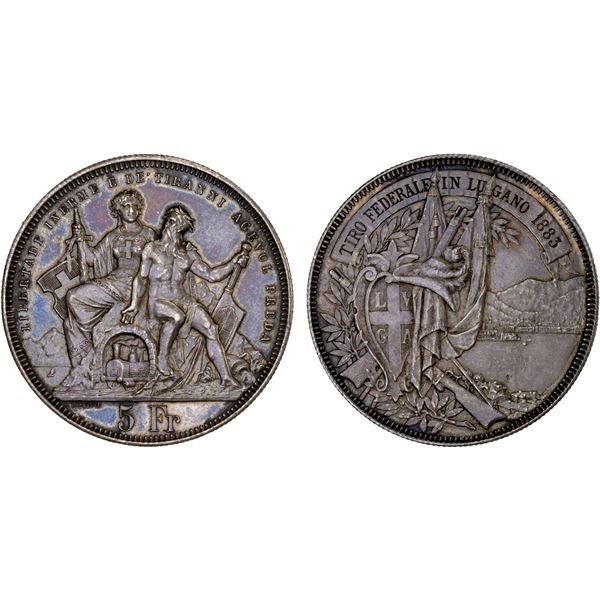 SWITZERLAND: Confederation, AR 5 francs, 1883, XF-AU