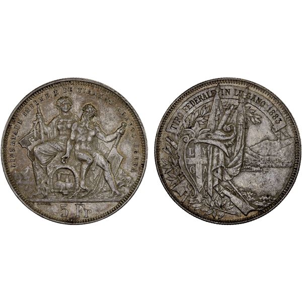 SWITZERLAND: Confederation, AR 5 francs, 1883, VF-XF