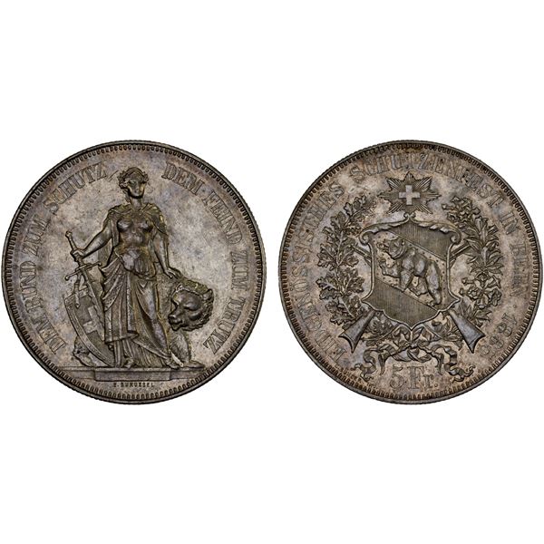 SWITZERLAND: Confederation, AR 5 francs, 1885, XF