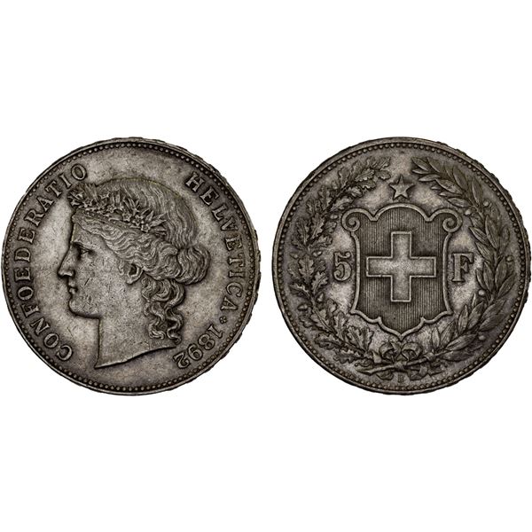 SWITZERLAND: Confederation, AR 5 francs, 1892-B, XF