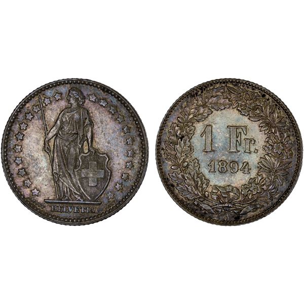 SWITZERLAND: Confederation, AR franc, 1894-B, XF-AU