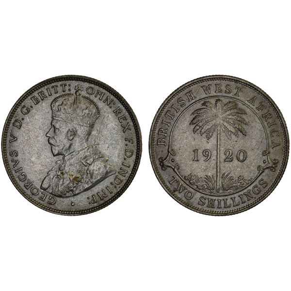 BRITISH WEST AFRICA: British Colony, AR 2 shillings, 1920-H, Choice XF