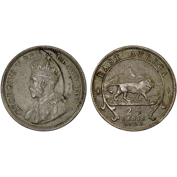 EAST AFRICA: George V, 1910-1936, AR 25 cents, 1920-H, AU