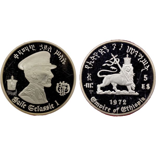ETHIOPIA: Haile Selassie I, 1930-1974, AR 5 dollars, 1972, Proof