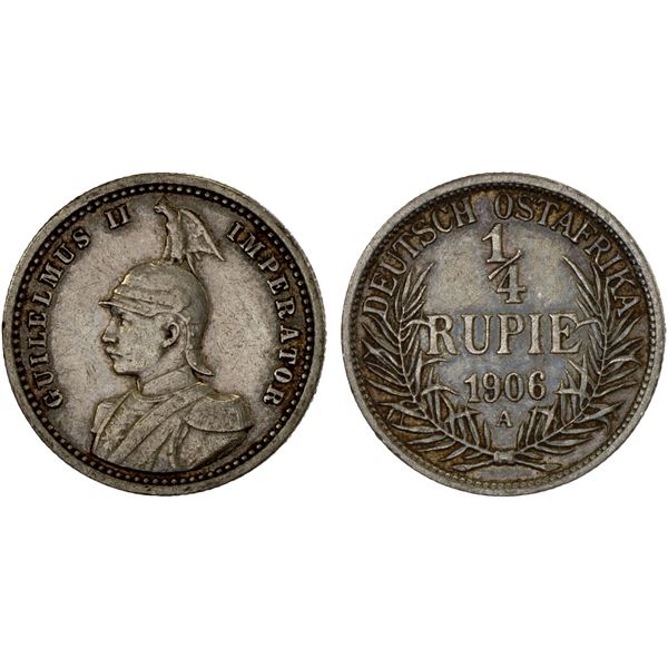 GERMAN EAST AFRICA: Wilhelm II, 1888-1918, AR 1/4 rupie, 1904-A, VF-XF