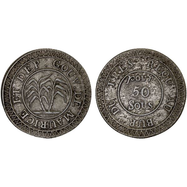 MAURITIUS: French Colony, AR 50 sous, ND (1822), Choice VF