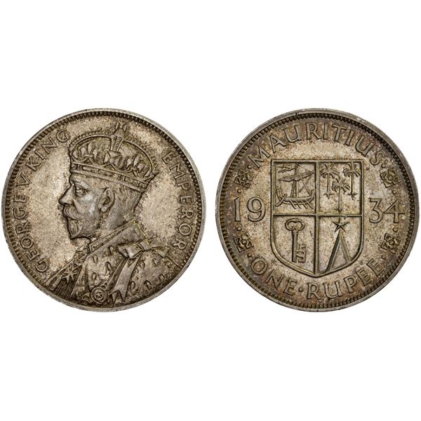 MAURITIUS: George V, 1910-1936, AR rupee, 1934, AU-UNC