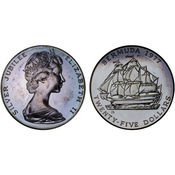 BERMUDA: Elzabeth II, 1952-2022, AR 25 dollars, 1977, Brilliant Unc