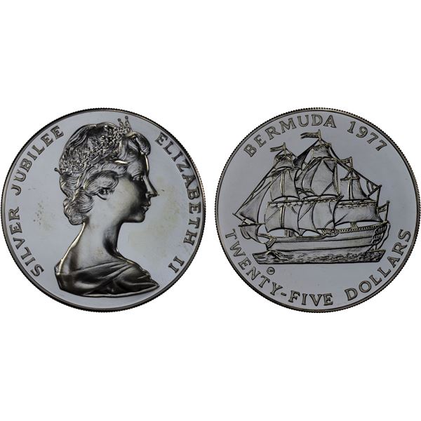 BERMUDA: Elzabeth II, 1952-2022, AR 25 dollars, 1977, Brilliant Unc