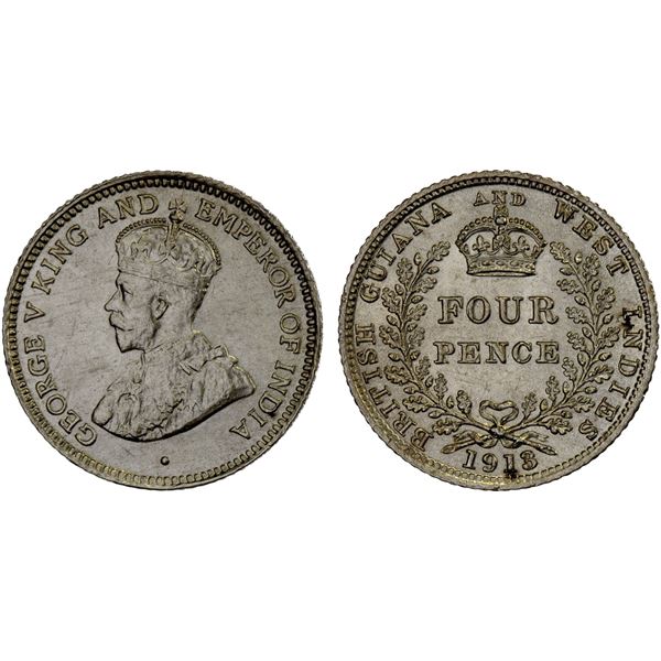 BRITISH GUIANA AND WEST INDIES: George V, 1910-1936, AR 4 pence, 1913, Unc