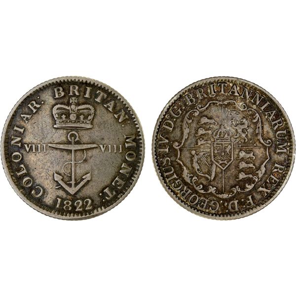 BRITISH WEST INDIES: British Colony, AR 1/8 dollar, 1822, F-VF