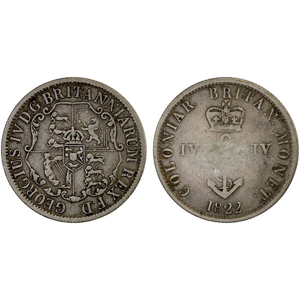 BRITISH WEST INDIES: British Colony, AR 1/4 dollar, 1822, VG-F