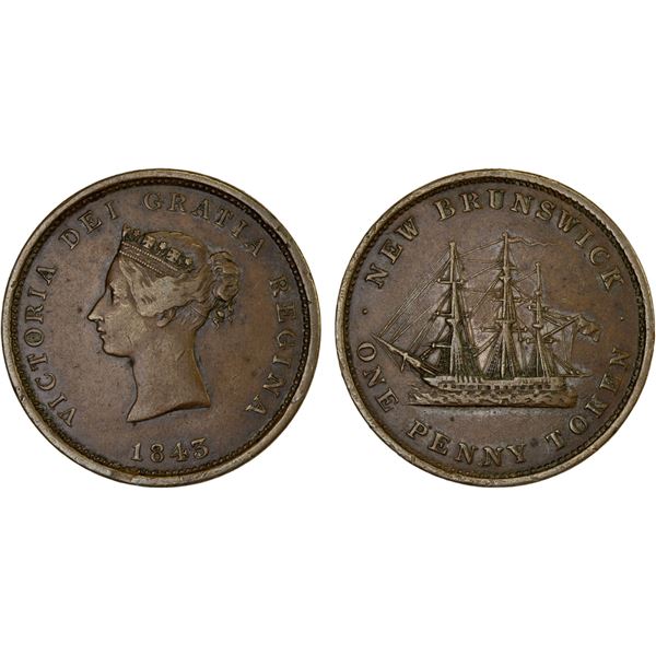 CANADA: NEW BRUNSWICK: Victoria, 1837-1901, AE penny token, 1843, Choice VF