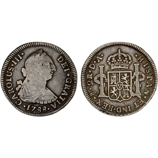CHILE: Carlos III, 1759-1788, AR 2 reales, 1788-So, VG-F