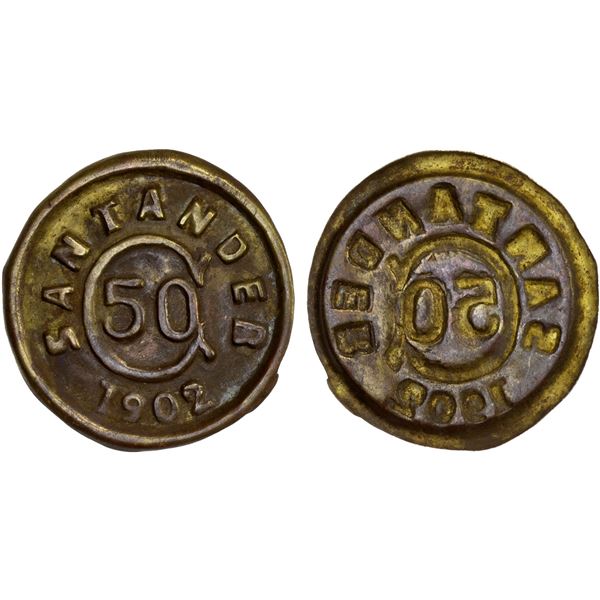 COLOMBIA: Santander, brass 50 centavos, 1902, Choice XF