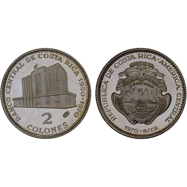 COSTA RICA: Republic, AR 2 colones, 1970, Choice Proof