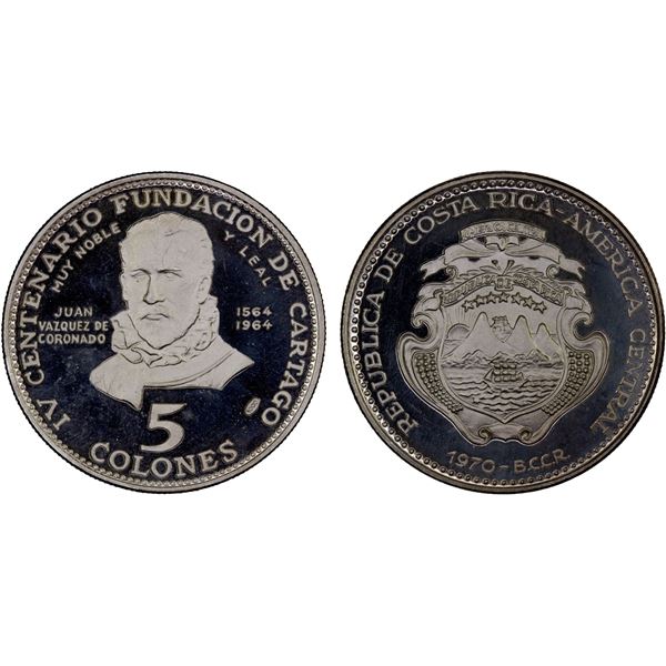 COSTA RICA: Republic, AR 5 colones, 1970, Proof