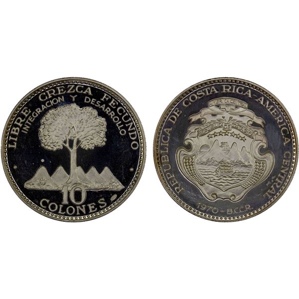 COSTA RICA: Republic, AR 10 colones, 1970, Proof