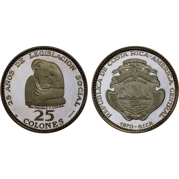 COSTA RICA: Republic, AR 25 colones, 1970, Proof