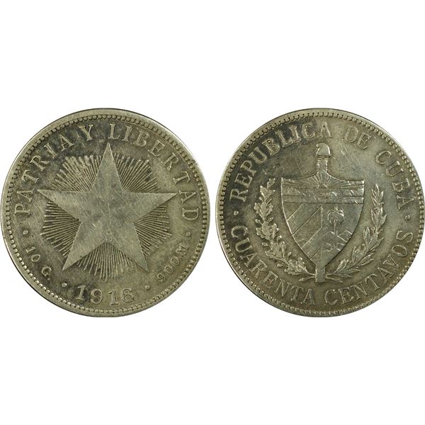 CUBA: Republic, AR 40 centavos, 1916, PCGS VF details