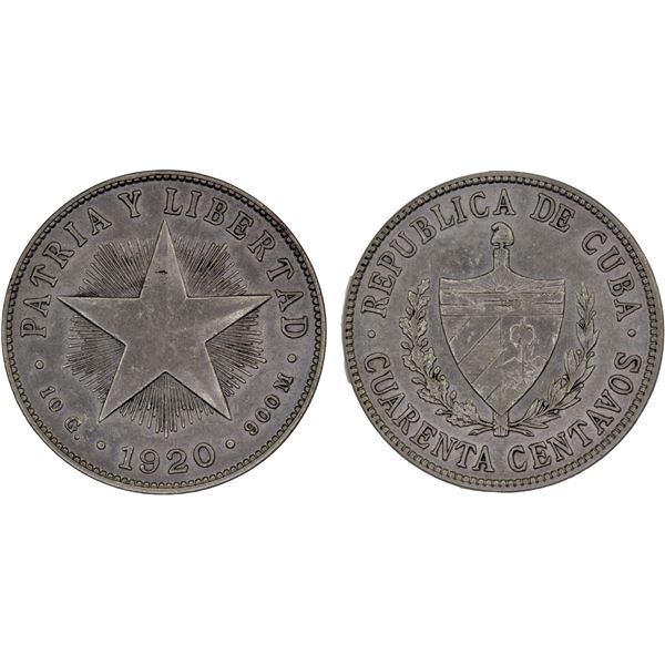 CUBA: Republic, AR 40 centavos, 1920, ANACS AU50 details