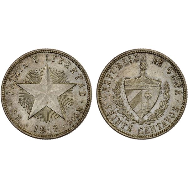CUBA: Republic, AR 20 centavos, 1949, Choice UNC