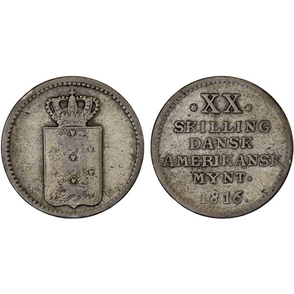 DANISH WEST INDIES: Danish Colony, AR 20 skilling, 1816, VG-F