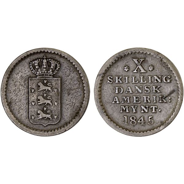 DANISH WEST INDIES: Danish Colony, AR 10 skilling, 1845, F-VF