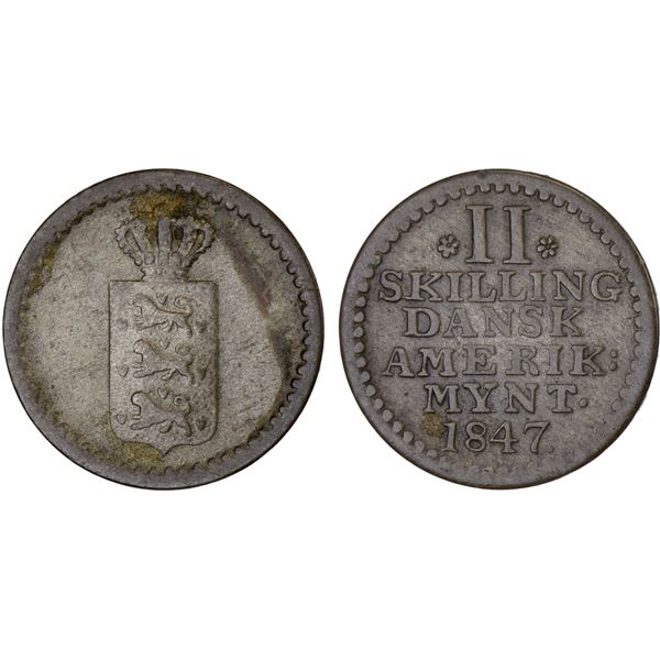 DANISH WEST INDIES: Danish Colony, BI 2 skilling, 1847, F-VF