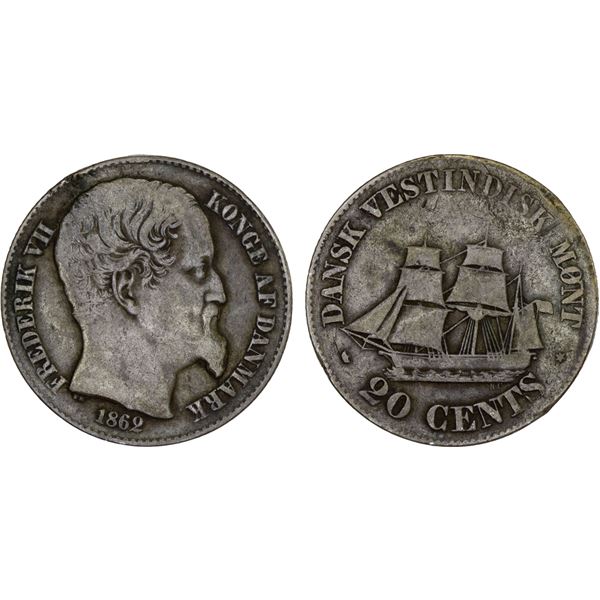 DANISH WEST INDIES: Danish Colony, AR 20 cents, 1862, F-VF