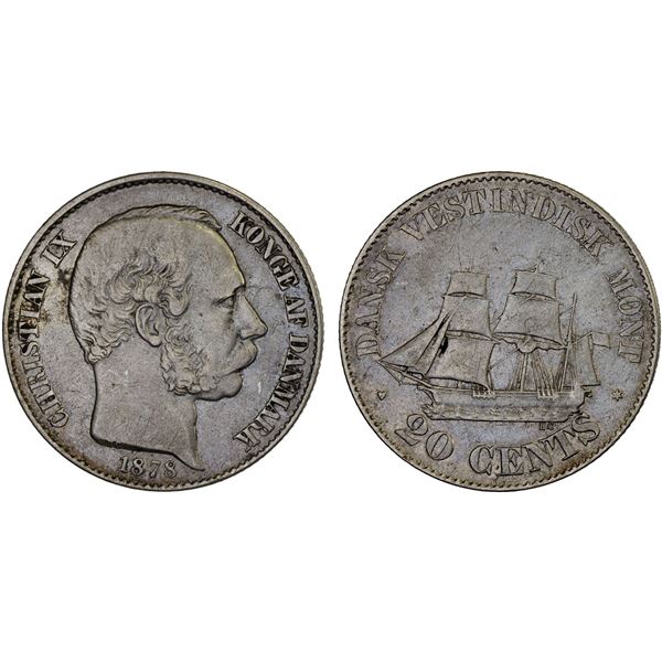 DANISH WEST INDIES: Danish Colony, AR 20 cents, 1878, Choice VF