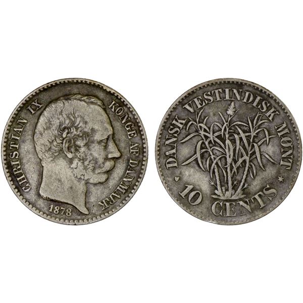 DANISH WEST INDIES: Danish Colony, AR 10 cents, 1878, F-VF